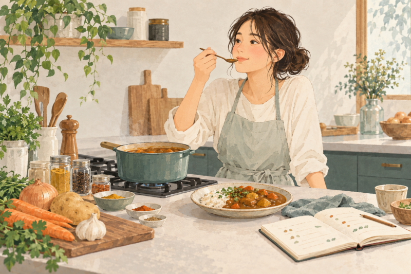 キッチンでカレーを味見する人。できあがりを確かめ、次の工夫につなげる日常の例