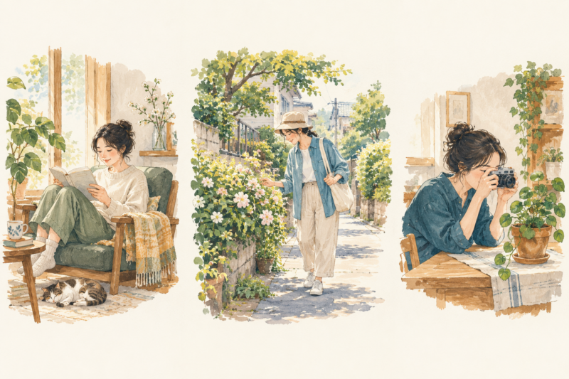 窓辺で本を読む人、花を見ながら散歩する人、植物の写真を撮る人。日常の小さな関心を描いた三つの場面
