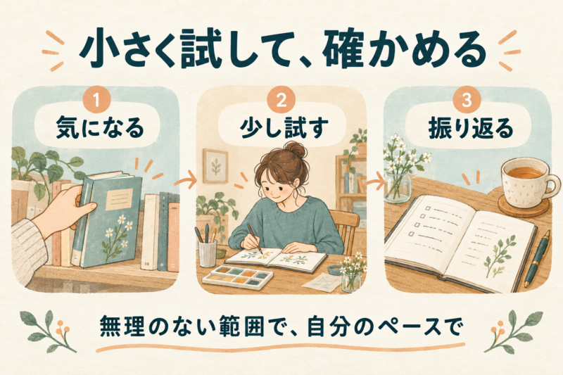 気になることを選び、少し試し、振り返る。無理のない範囲で自分のペースを大切にする三段階の図