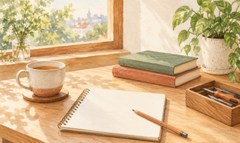 朝の光が差す机に並ぶノートと本とお茶と身近な道具