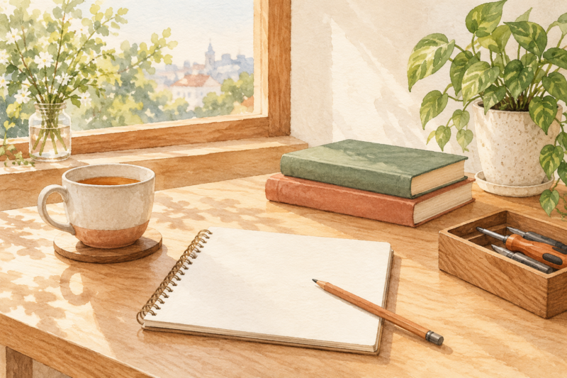 朝の光が差す机に並ぶノートと本とお茶と身近な道具