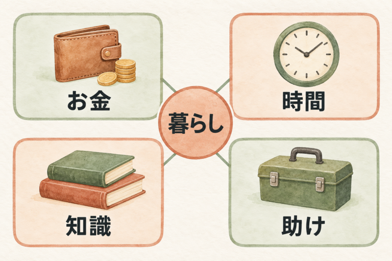暮らしを中心にお金と時間と知識と助けを配置した四つの支えの図