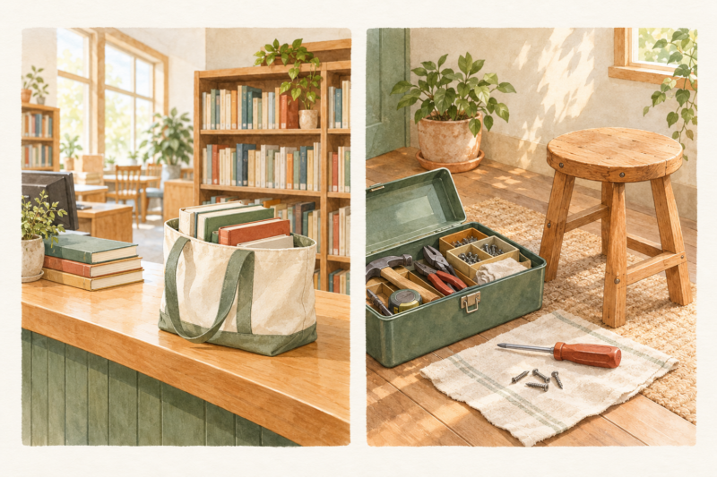 図書館で借りる本と暮らしの修理に使う道具を描いた二つの場面