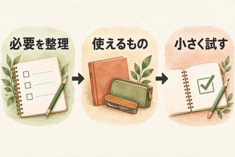 必要を整理し使えるものを見つけ小さく試す三段階を並べた練習図
