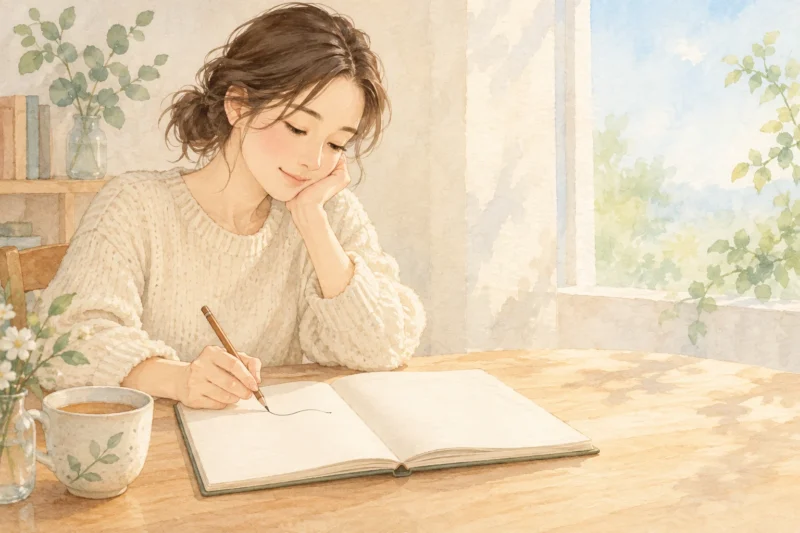 お茶のそばでノートに今日の一言を書き留める女性