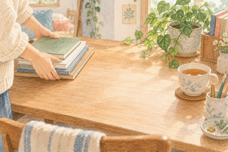 机のノートを一つずつ整え、小さな作業スペースをつくる手元のイラスト