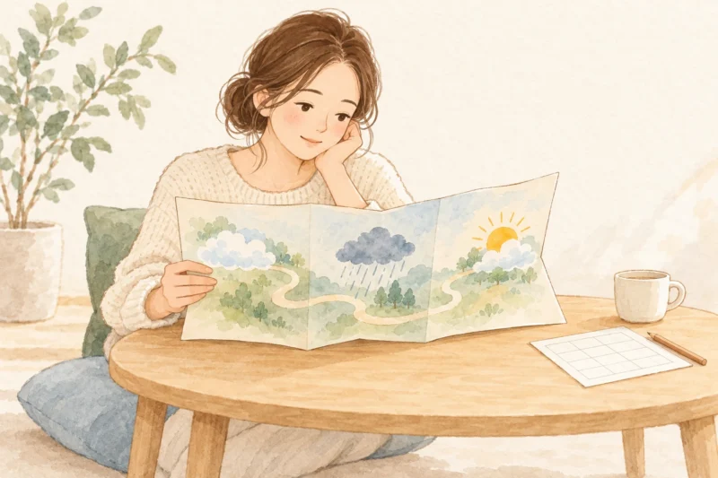 採点表を脇に置き、天気の記号で表した感情の地図を見る女性