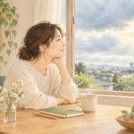 窓辺でお茶を置き、曇り空の切れ間を眺める人。少し気持ちに余白をつくる日常のイラスト
