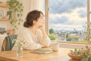 窓辺でお茶を置き、曇り空の切れ間を眺める人。少し気持ちに余白をつくる日常のイラスト