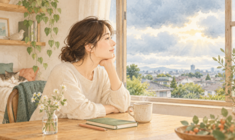 窓辺でお茶を置き、曇り空の切れ間を眺める人。少し気持ちに余白をつくる日常のイラスト