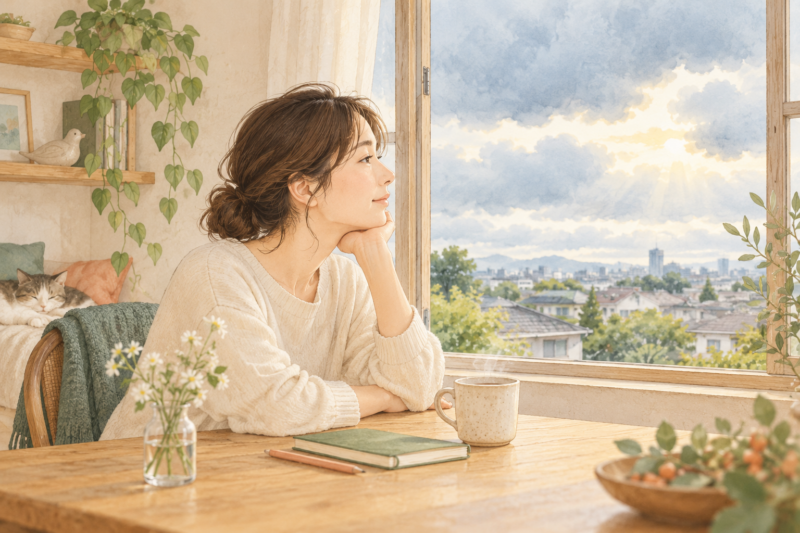 窓辺でお茶を置き、曇り空の切れ間を眺める人。少し気持ちに余白をつくる日常のイラスト