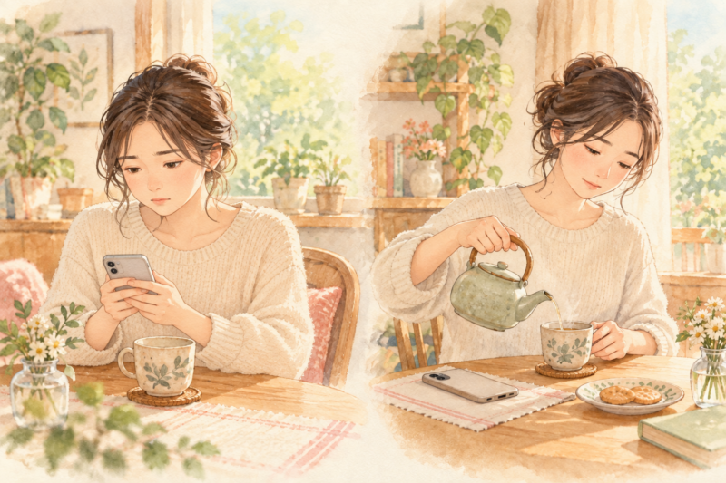返事を待ちながらスマートフォンを見る人と、電話を置いてお茶を注ぐ人の二つの場面