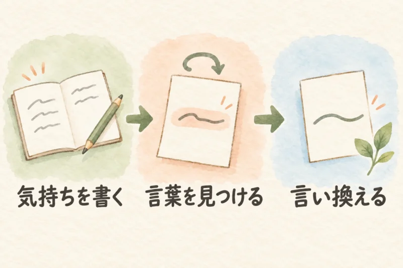 気持ちを書く、言葉を見つける、言い換えるという三つの手順