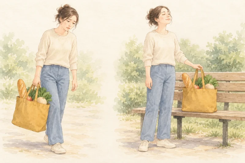 重い買い物袋を持つ女性と、同じ袋をベンチに置いてひと息つく女性
