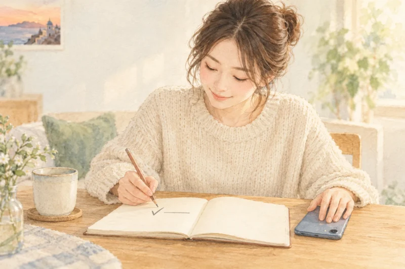 スマートフォンを伏せて、自分ができたことをノートに記す女性