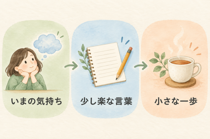 いまの気持ちに気づき、少し楽な言葉を選び、小さな一歩を試す三段階の図