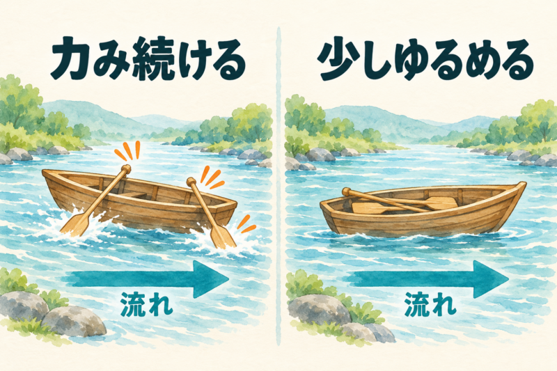 左は流れに逆らう向きの小舟と力み続けるの文字。右は流れと同じ向きの小舟と少しゆるめるの文字
