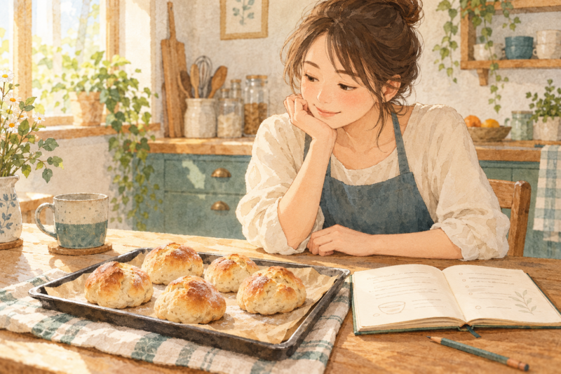 不揃いの焼きたてパンとレシピノートを前に穏やかに振り返る女性