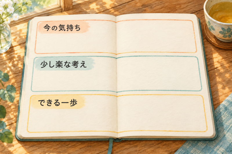 今の気持ち・少し楽な考え・できる一歩の三つの欄があるノート