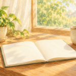 朝日が差す窓辺に置かれた白紙のノートとマグカップと観葉植物の水彩画