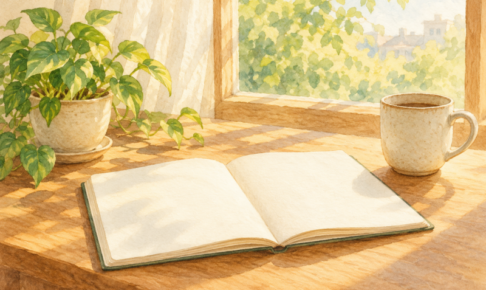 朝日が差す窓辺に置かれた白紙のノートとマグカップと観葉植物の水彩画