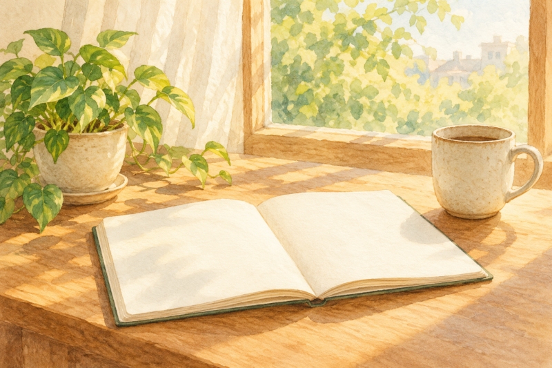 朝日が差す窓辺に置かれた白紙のノートとマグカップと観葉植物の水彩画