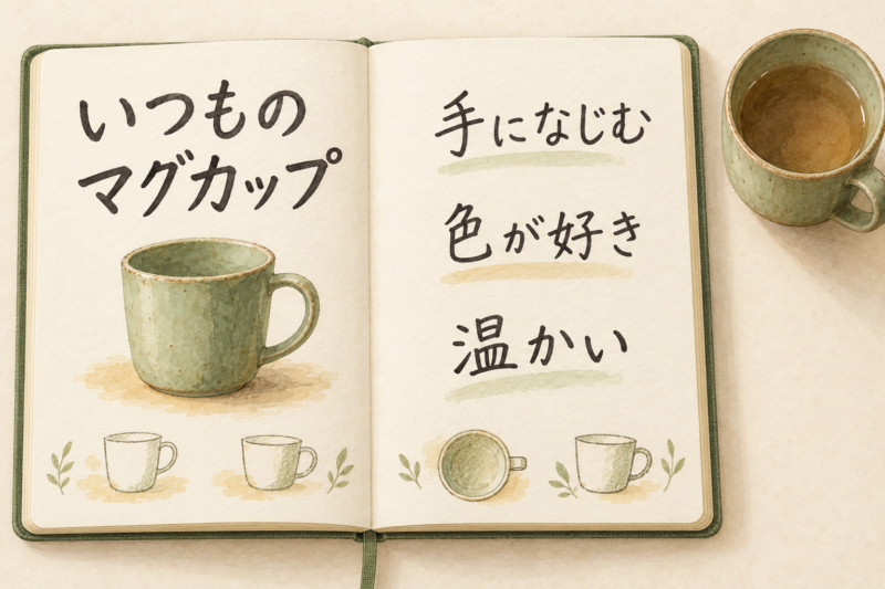 いつものマグカップについて手になじむ 色が好き 温かいと記したノートの例