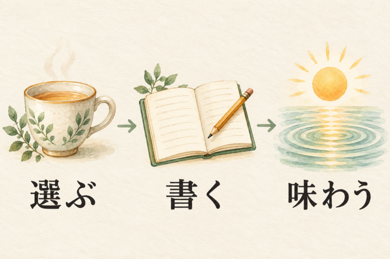 選ぶ 書く 味わうの順にカップ ノート 太陽を矢印でつないだ実践の図