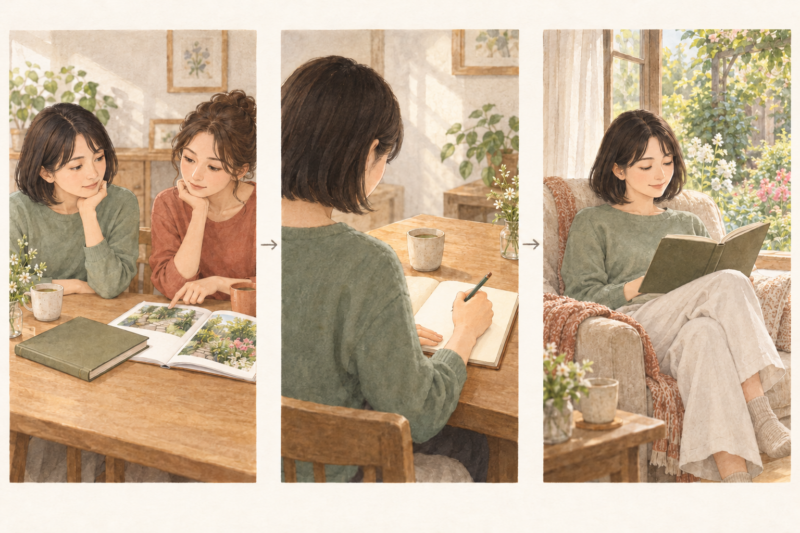 二人で休日の予定を考える場面から自分の希望をノートに整理し読書を選ぶまでの三コマ