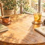 カフェのテーブルに並ぶコーヒーカップと冷たいお茶のグラス。本とカメラが離して置かれている