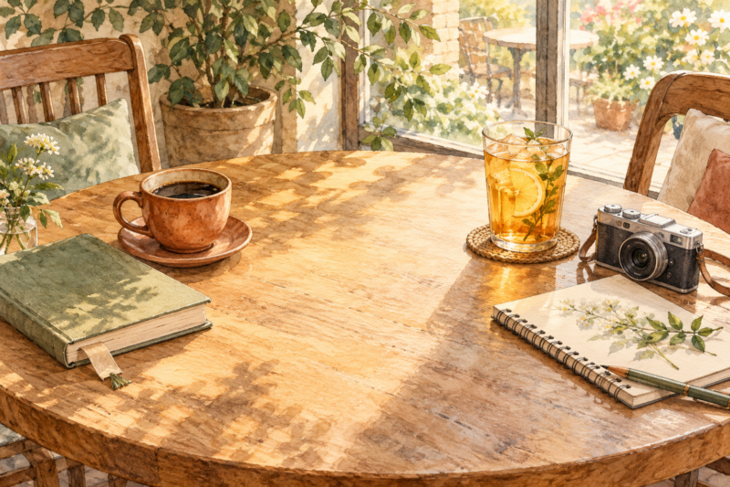 カフェのテーブルに並ぶコーヒーカップと冷たいお茶のグラス。本とカメラが離して置かれている