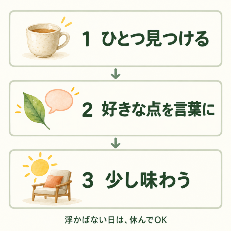本記事で整理した小さな練習。1ひとつ見つける、2好きな点を言葉に、3少し味わう。浮かばない日は休んでよい