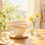 朝の光が差す窓辺に置いた温かいお茶と黄色い花。日常の小さな好きなものを描いたイラスト