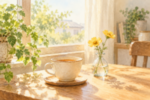 朝の光が差す窓辺に置いた温かいお茶と黄色い花。日常の小さな好きなものを描いたイラスト