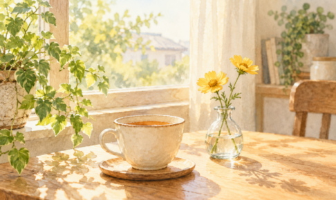 朝の光が差す窓辺に置いた温かいお茶と黄色い花。日常の小さな好きなものを描いたイラスト