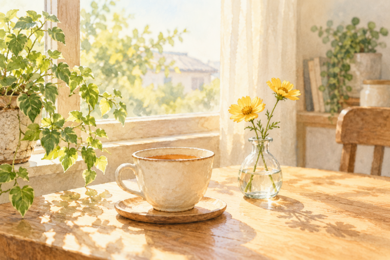 朝の光が差す窓辺に置いた温かいお茶と黄色い花。日常の小さな好きなものを描いたイラスト