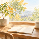 緑と黄色の葉が混じる鉢植えと白いノートが朝の窓辺に並ぶ風景