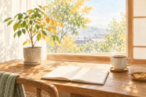 緑と黄色の葉が混じる鉢植えと白いノートが朝の窓辺に並ぶ風景