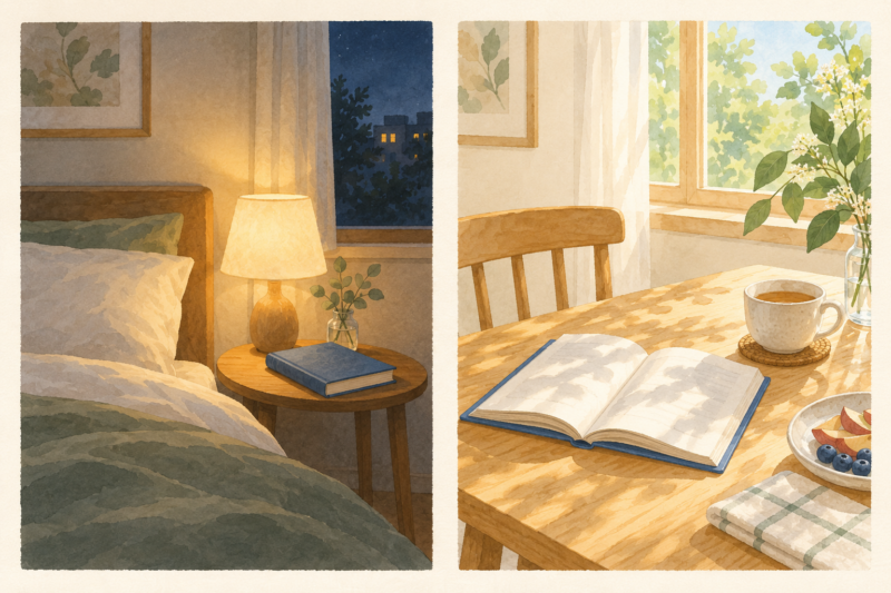 夜の読書から休日の朝の読書へ時間を変えた二つの部屋の風景