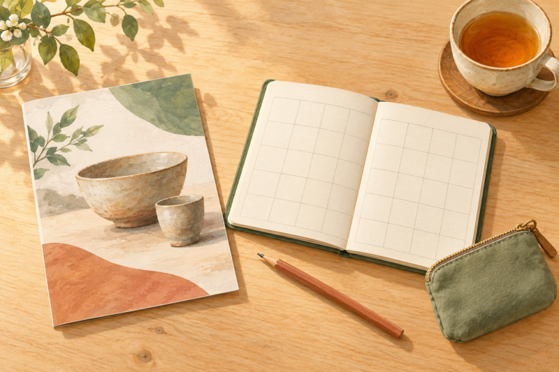 陶芸の案内、予定を書き込む手帳、鉛筆、小さな財布、お茶を机に並べたイラスト