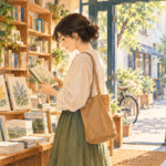 日差しの入る本屋で、植物の本を手に取る人。日常の気になる出会いを表したイラスト