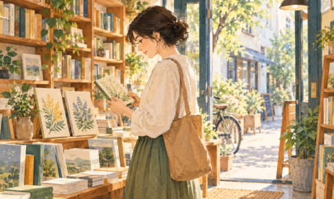 日差しの入る本屋で、植物の本を手に取る人。日常の気になる出会いを表したイラスト