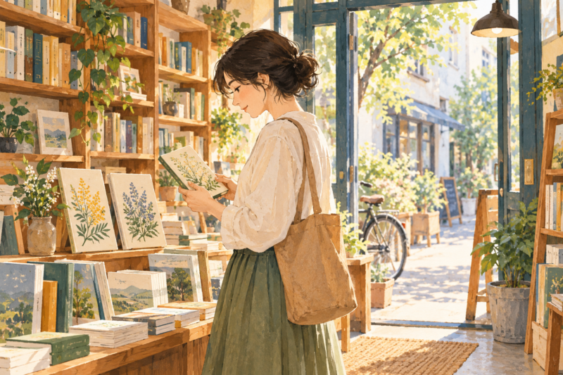 日差しの入る本屋で、植物の本を手に取る人。日常の気になる出会いを表したイラスト