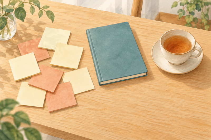 木の机に置かれた白紙の付箋と閉じたノートとお茶のカップ
