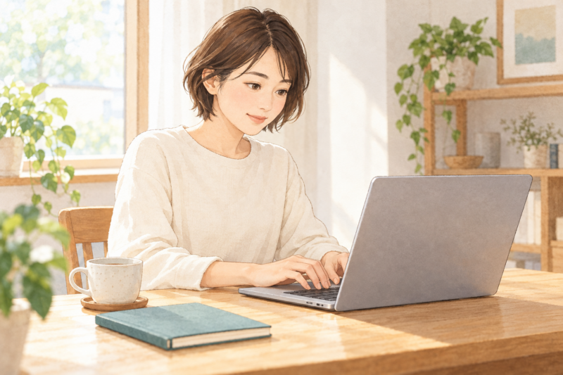 静かな時間のあとに机でノートパソコンを使う人