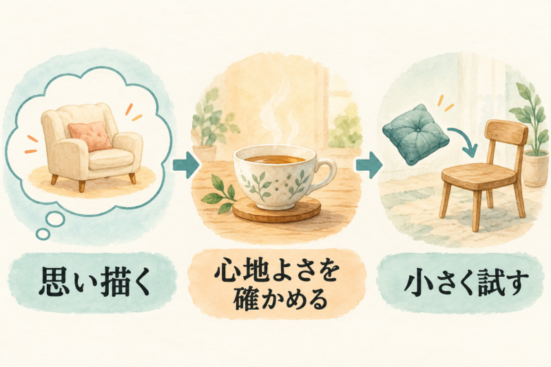 思い描く・心地よさを確かめる・小さく試すの三場面を並べた図解