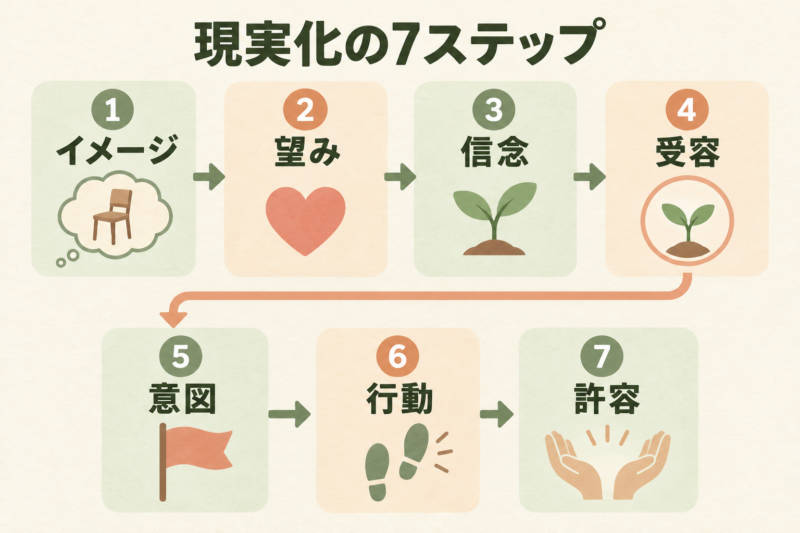 現実化の7ステップをイメージ・望み・信念・受容・意図・行動・許容の順に並べた図