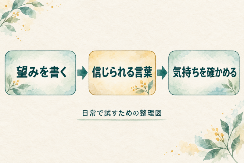 望みを書く、信じられる言葉、気持ちを確かめる、の三段階を左から右への矢印で示した整理図