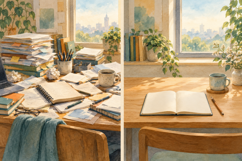 書類が積まれた机と一冊のノートに作業を絞った机を並べたイラスト