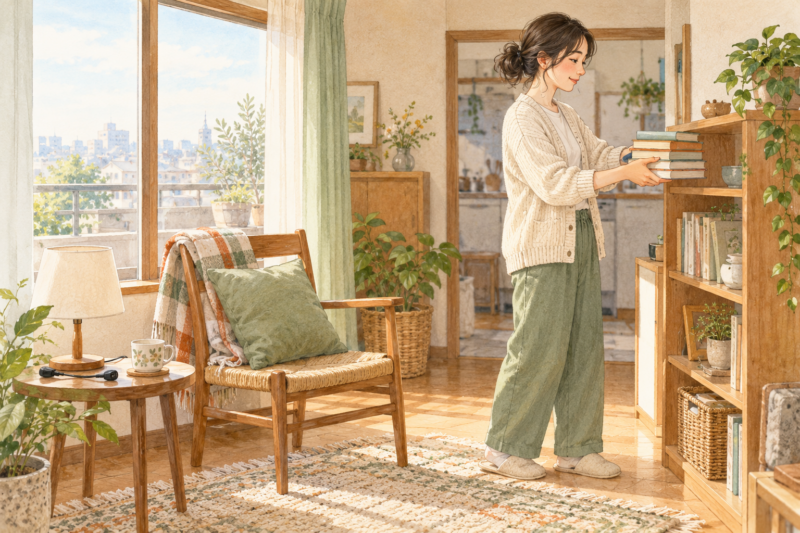 椅子に座れる場所をつくるために本を棚へ移す女性